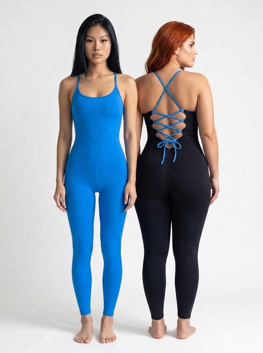 The Electra Jumpsuit — Electric Blue, front and lace-up back