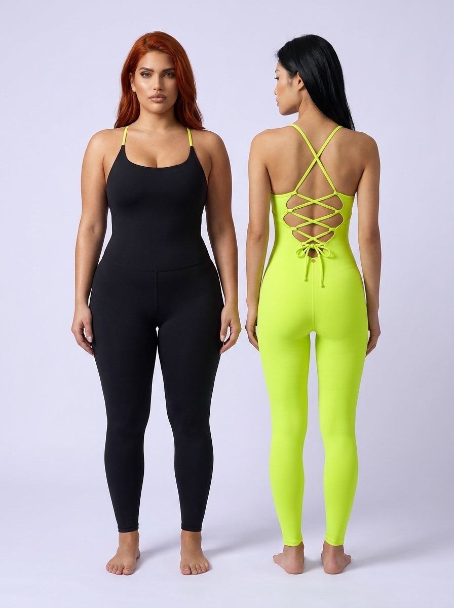 The Electra Jumpsuit Neon Lime worn both ways — black side and lime side