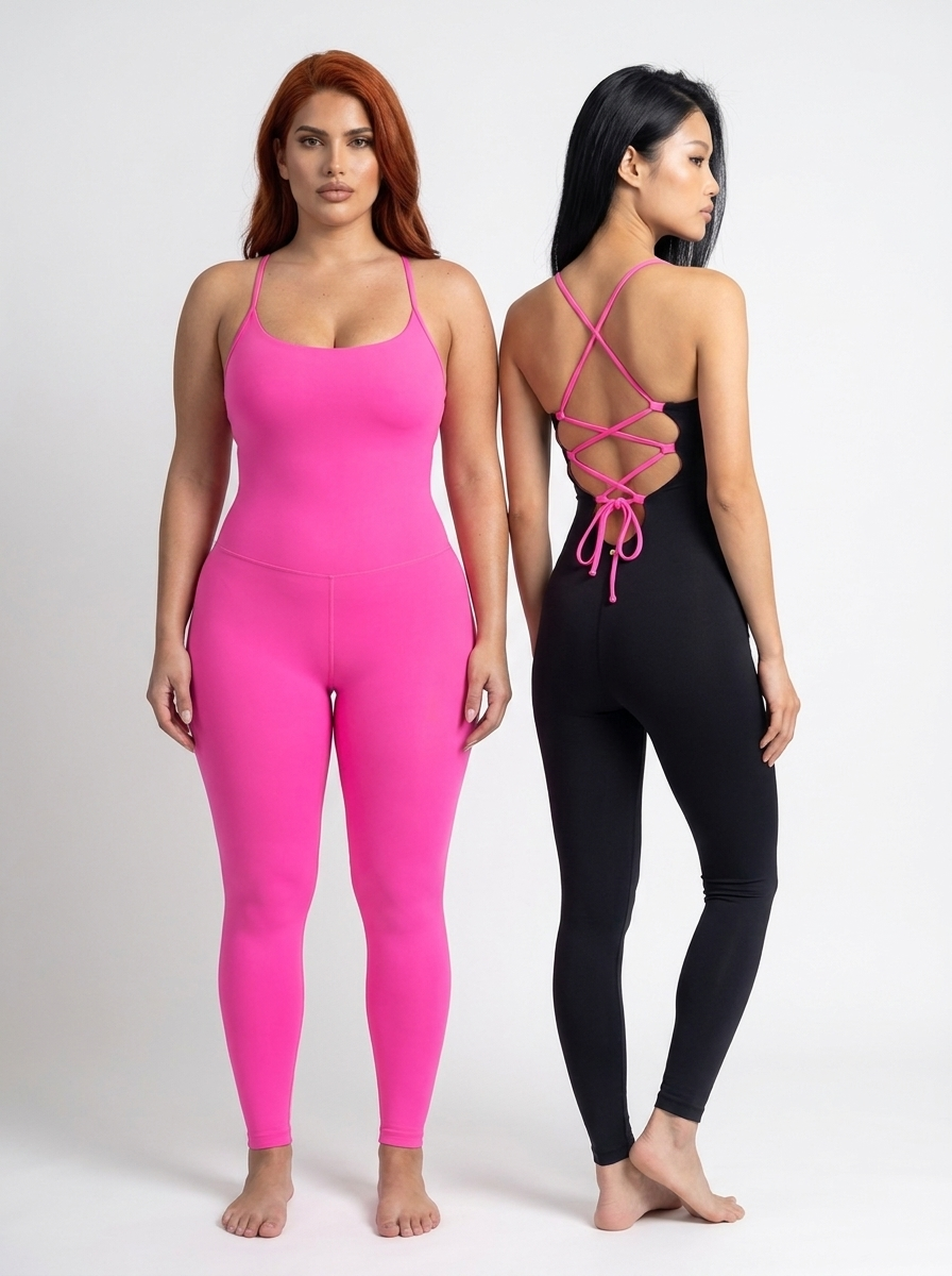 The Electra Jumpsuit Bombshell Pink worn both ways — pink side and black side