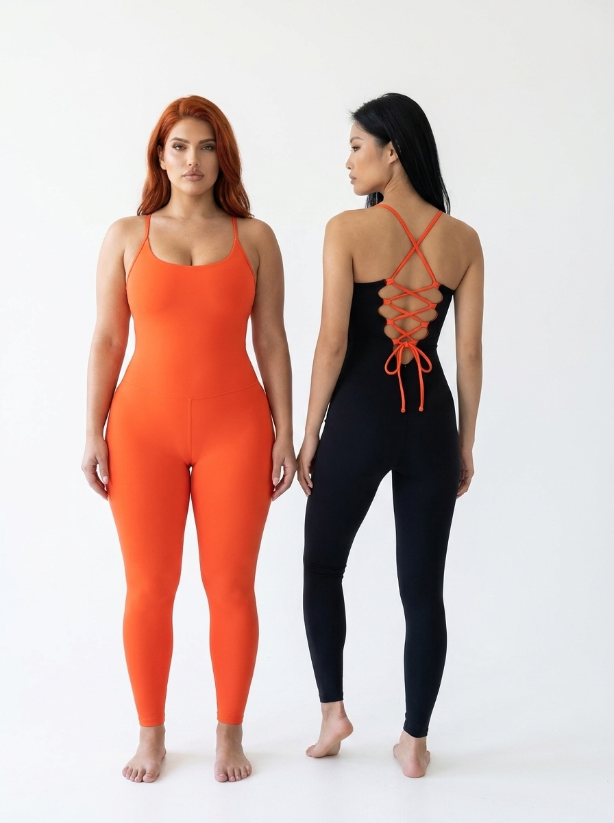The Electra Jumpsuit Firecracker Orange worn both ways — orange side and black side