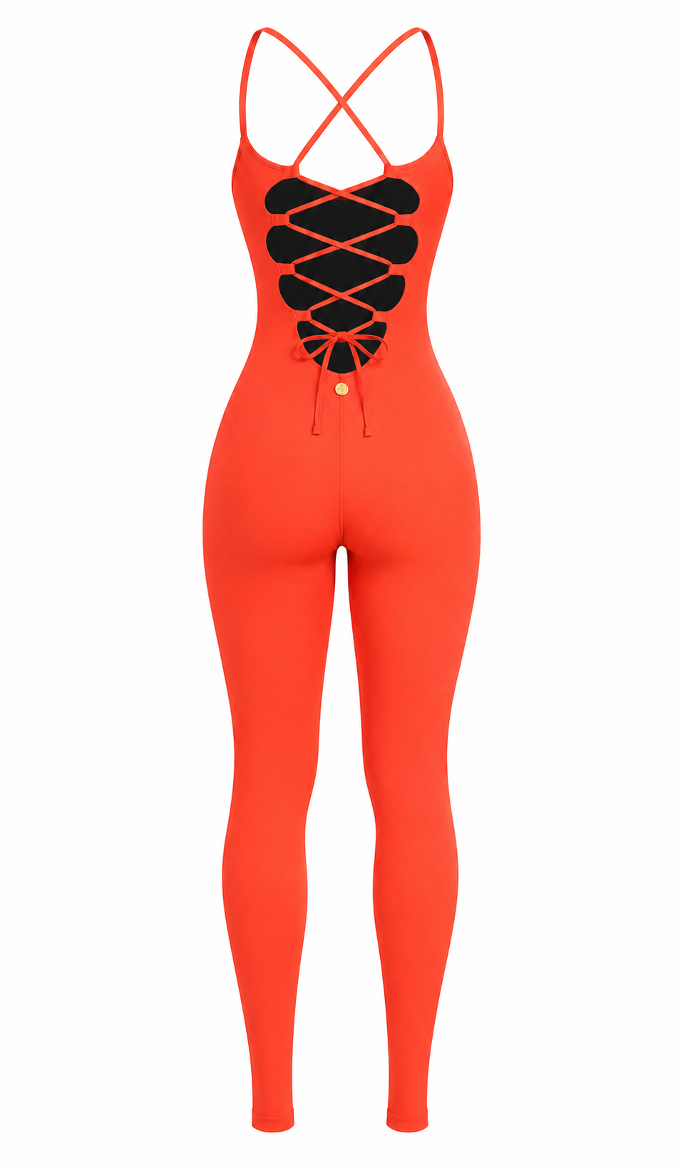 The Electra Jumpsuit Firecracker Orange reversible back with black interior