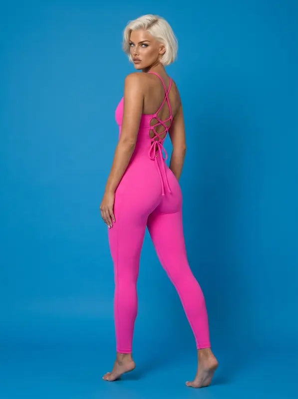 The Electra Jumpsuit Bombshell Pink corset back